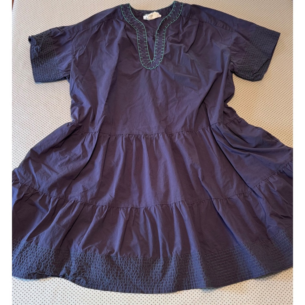 Pomander Place Tuckernut Purplish Blue Cotton Tiered Mini Dress Teal Stitching M